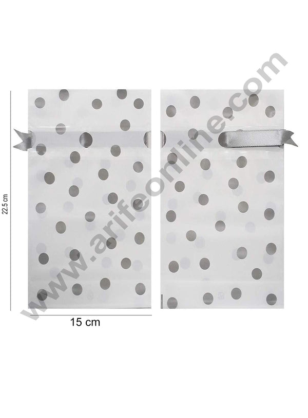 Cake Decor Big Silver Polka Dot Plastic Drawstring Bag Treat With Ribbon Cookie Snack Candy Birthday Party and Gift (Pack of 10)