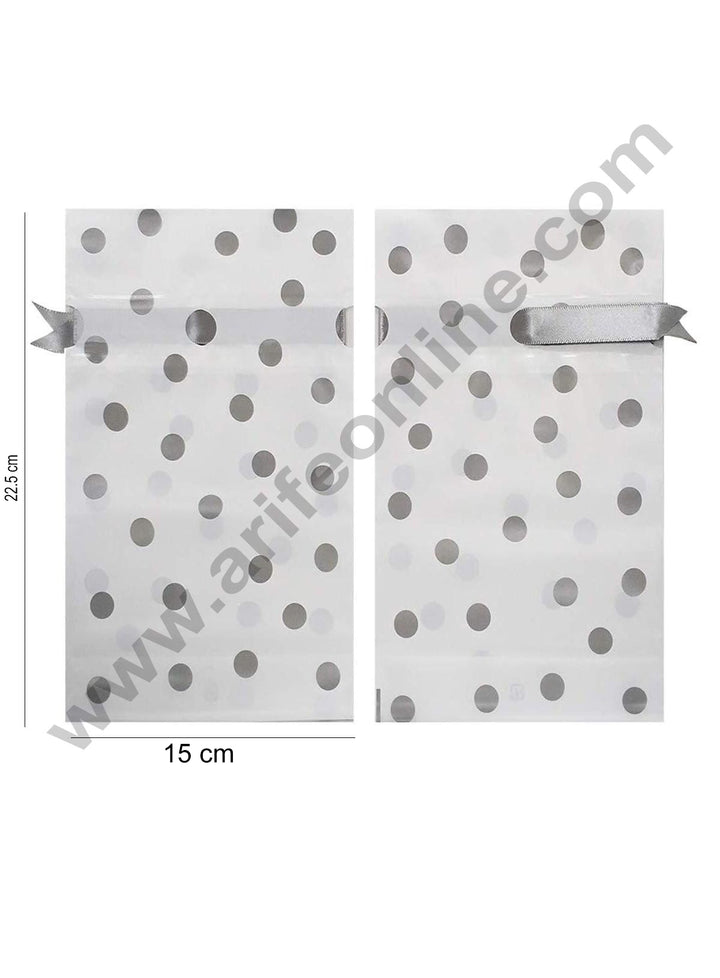 Cake Decor Big Silver Polka Dot Plastic Drawstring Bag Treat With Ribbon Cookie Snack Candy Birthday Party and Gift (Pack of 10)