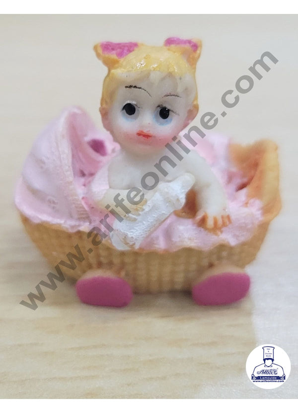 Cake Decor Ceramic Mini Baby Topper for Cake and Cupcake Decoration – Pink Basket Cart Baby Girl
