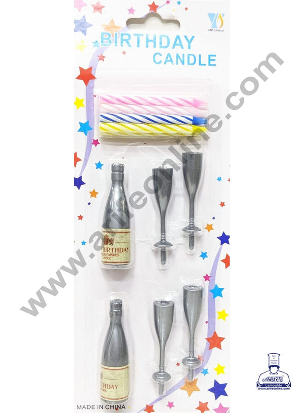 Cake Decor Champagne Bottle Glass Holder Shape Candle for Party Decoration for Cake and Cupcake - Silver - Set of 14 Pc