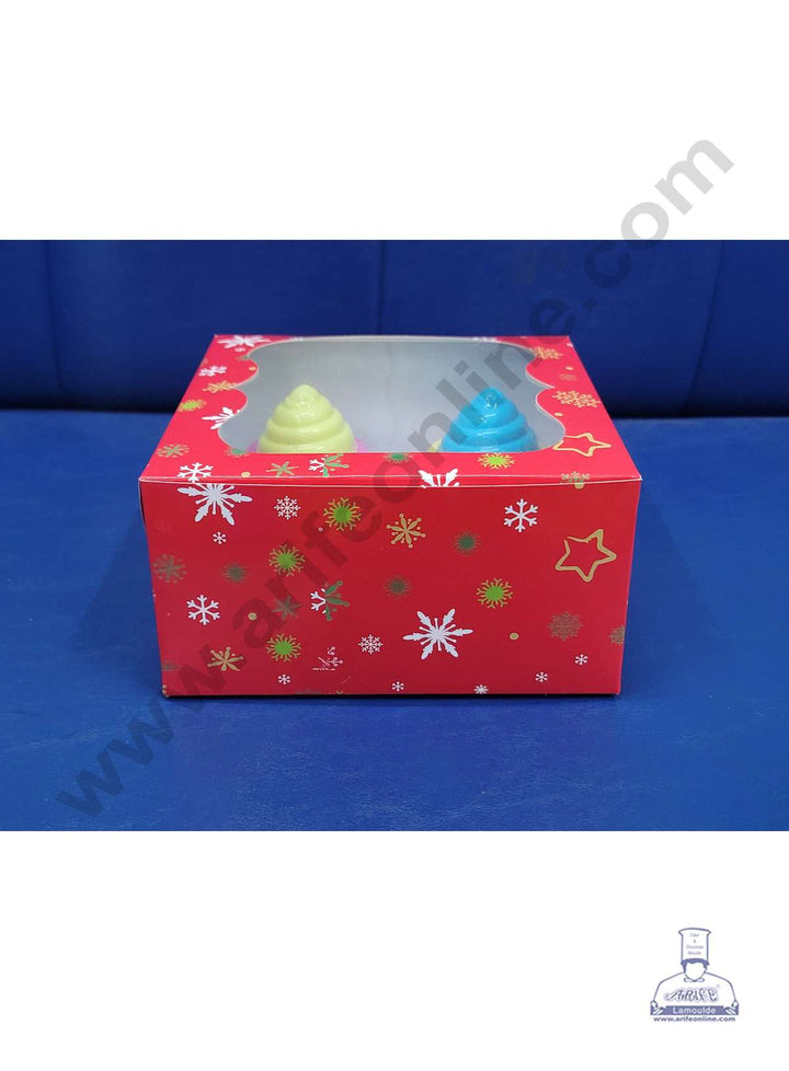 Cake Decor Christmas Theme Cupcake Boxes 4 Cavity with Clear Window, Cupcake Carriers ( 10 Pcs Pack )