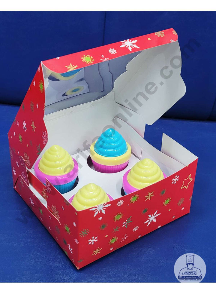 Cake Decor Christmas Theme Cupcake Boxes 4 Cavity with Clear Window, Cupcake Carriers ( 10 Pcs Pack )