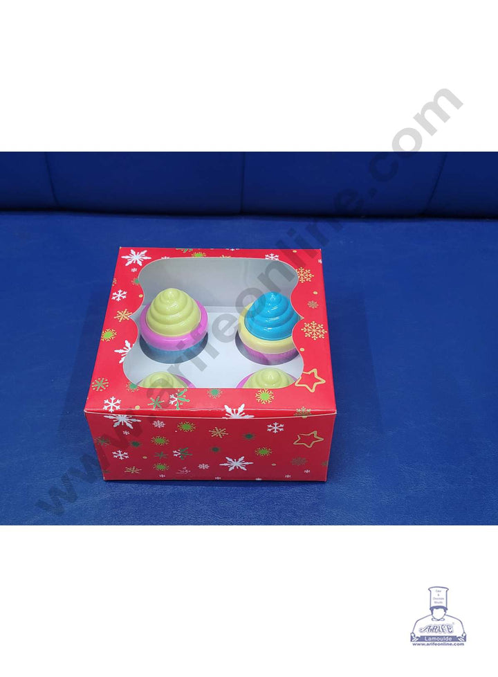Cake Decor Christmas Theme Cupcake Boxes 4 Cavity with Clear Window, Cupcake Carriers ( 10 Pcs Pack )