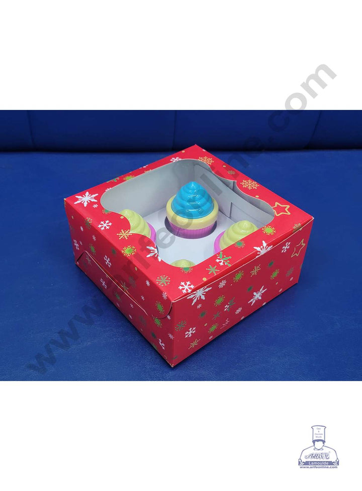 Cake Decor Christmas Theme Cupcake Boxes 4 Cavity with Clear Window, Cupcake Carriers ( 10 Pcs Pack )