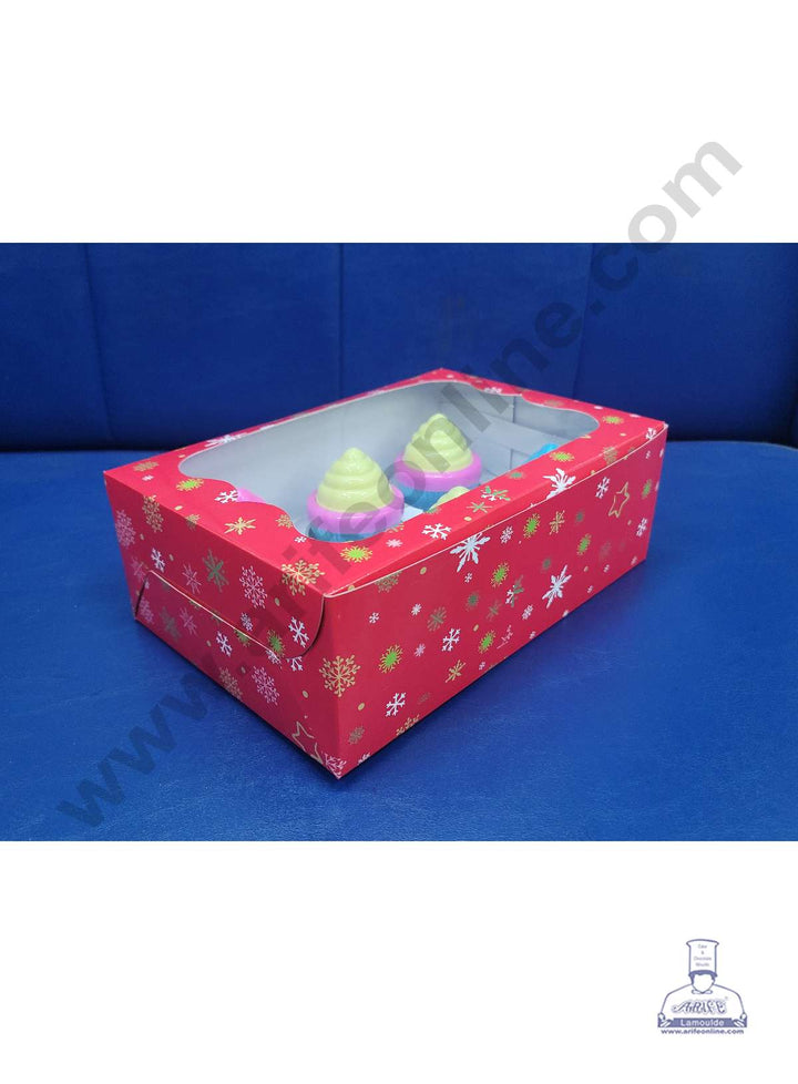 Cake Decor Christmas Theme Cupcake Boxes 6 Cavity with Clear Window, Cupcake Carriers ( 10 Pcs Pack )