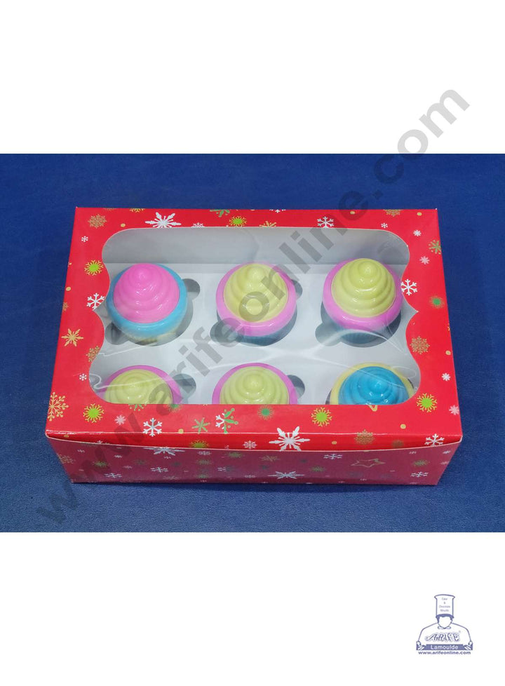 Cake Decor Christmas Theme Cupcake Boxes 6 Cavity with Clear Window, Cupcake Carriers ( 10 Pcs Pack )