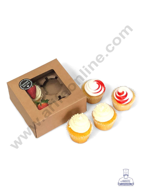 Cake Decor Cupcake Boxes 4 Cavity Clear Window Without Handle , Cupcake Carrier - Brown ( 10 Pc Pack )