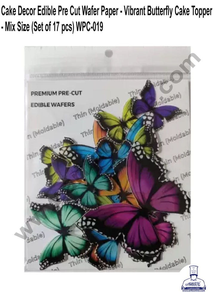 Cake Decor Edible Pre Cut Wafer Paper - Vibrant Butterfly Cake Topper - Mix Size (Set of 17 pcs) WPC-019