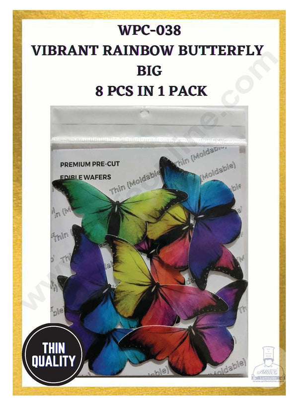 Cake Decor Edible Pre Cut Wafer Paper - Vibrant Rainbow Butterfly Cake Topper - Big (Set of 8 pcs) WPC-038