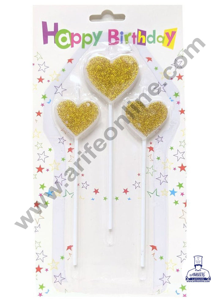 Cake Decor Glitter Heart Shape Candle for Party Decoration for Cake and Cupcake - Golden - Set of 3 Pc