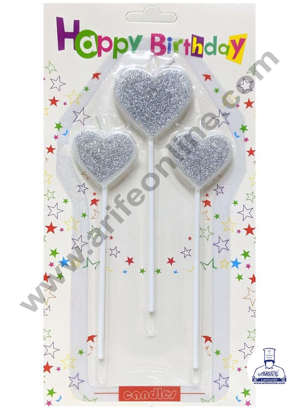 Cake Decor Glitter Heart Shape Candle for Party Decoration for Cake and Cupcake - Silver - Set of 3 Pc