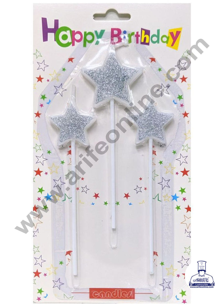 Cake Decor Glitter Star Shape Candle for Party Decoration for Cake and Cupcake - Silver - Set of 3 Pc