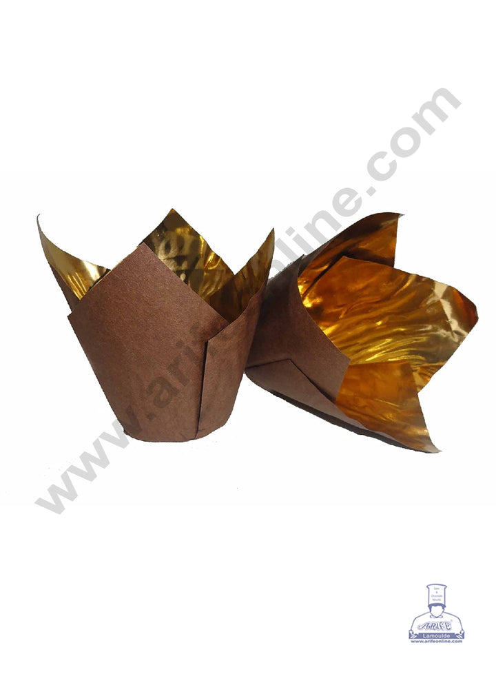 Cake Decor Gold Foil Tulip Cup Shaped Muffin Mould - Brown (100Pcs)