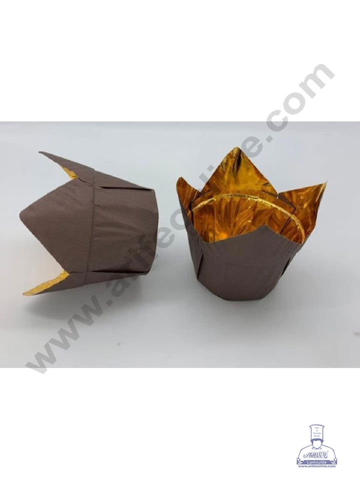 Cake Decor Gold Foil Tulip Cup Shaped Muffin Mould - Brown (100Pcs)