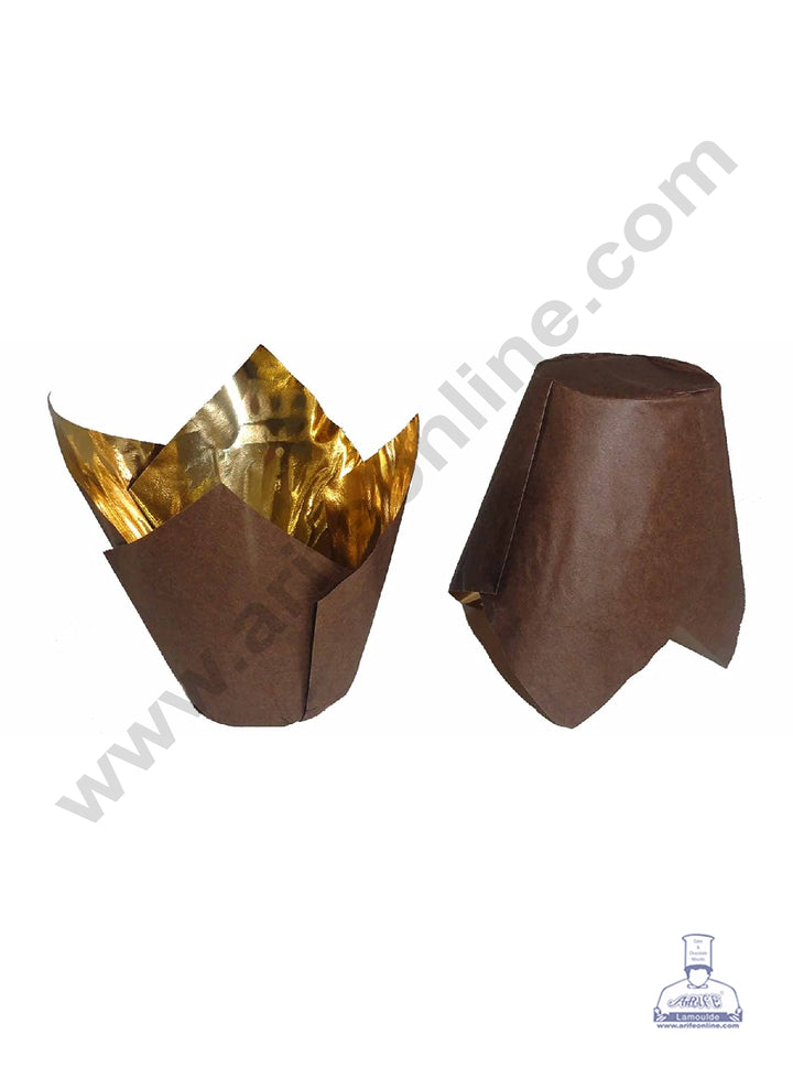 Cake Decor Gold Foil Tulip Cup Shaped Muffin Mould - Brown (100Pcs)