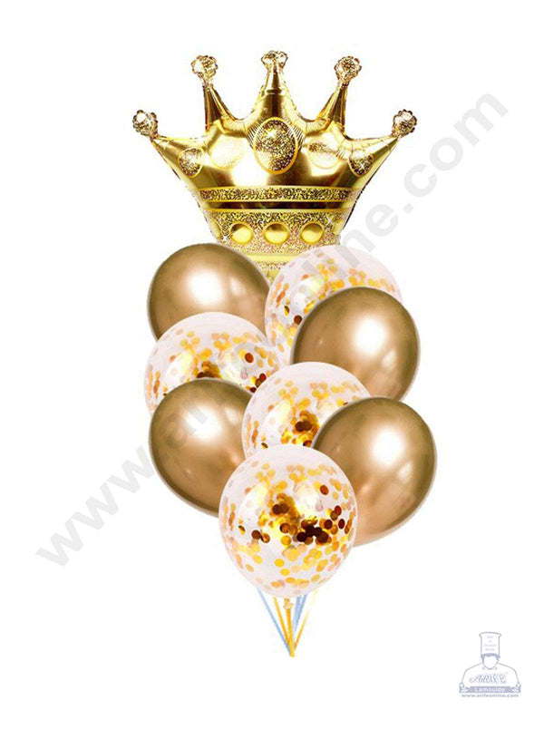Cake Decor Golden Crown Shape Foil Balloons , Golden Balloons with Golden Colored Pre-filled Confetti Balloons ( Pack of 10 Pcs )