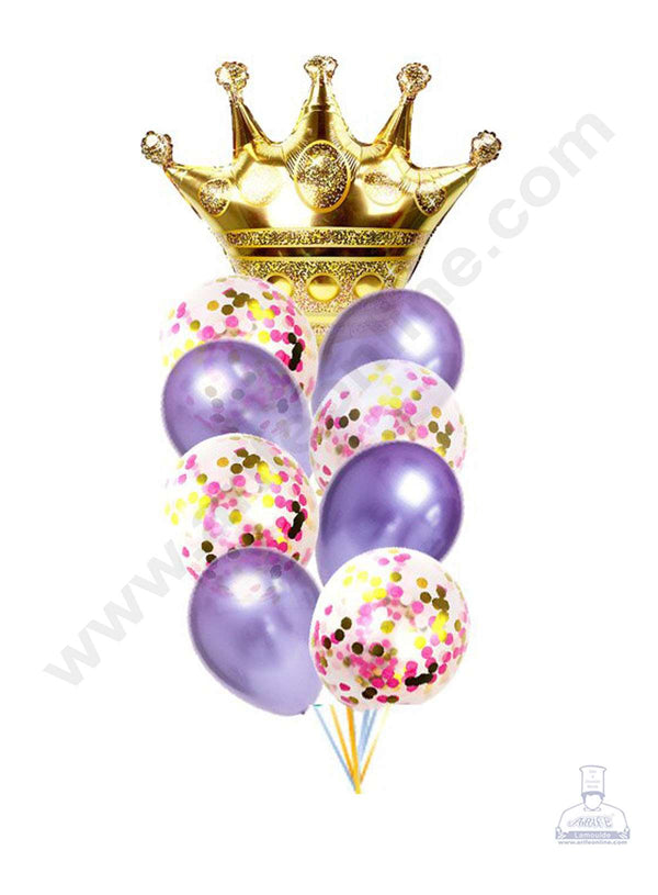 Cake Decor Golden Crown Shape Foil Balloons , Purple Balloons with Purple Colored Pre-filled Confetti Balloons ( Pack of 10 Pcs )