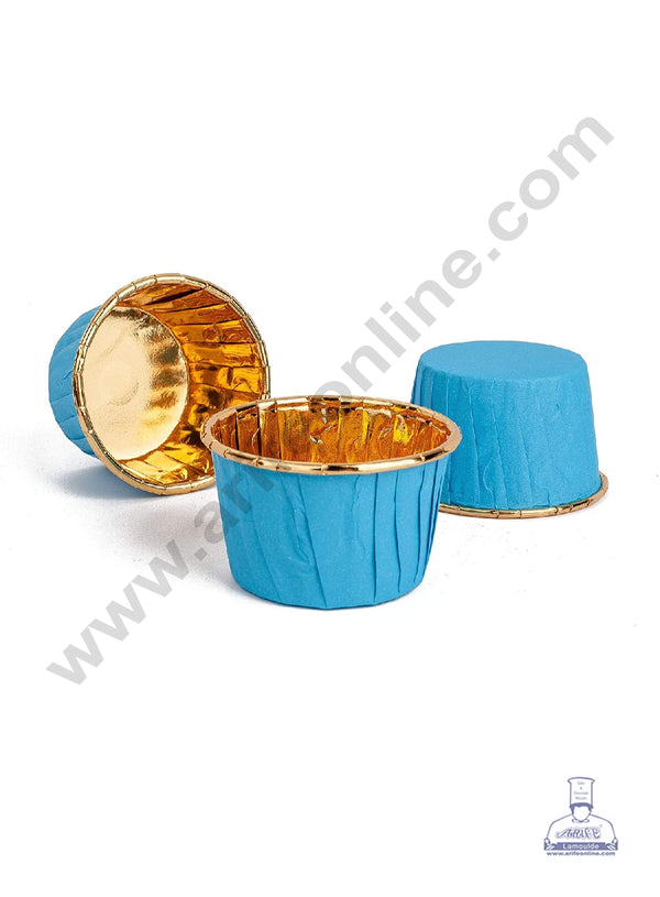 Cake Decor Golden Foil Coated Direct Bake-able Paper Muffin Cups - Blue (50 Pcs)