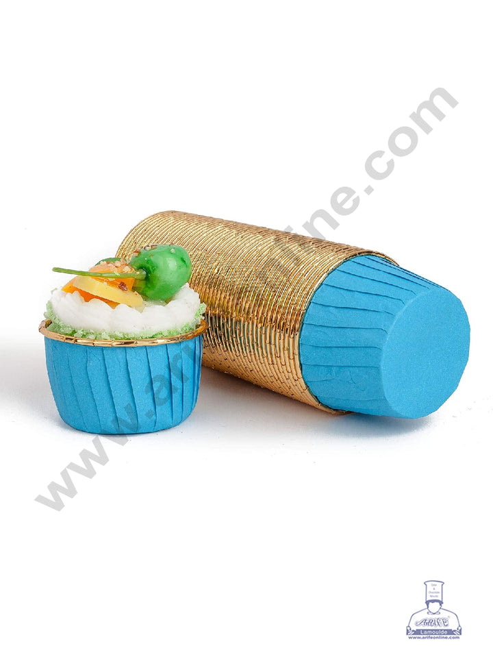Cake Decor Golden Foil Coated Direct Bake-able Paper Muffin Cups - Blue (50 Pcs)