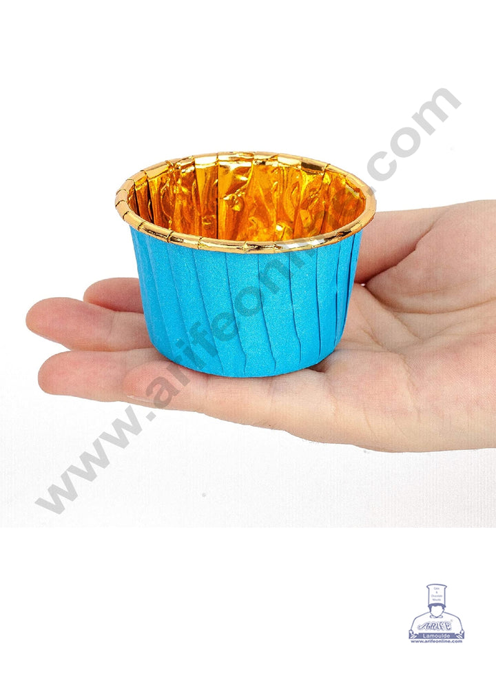 Cake Decor Golden Foil Coated Direct Bake-able Paper Muffin Cups - Blue (50 Pcs)