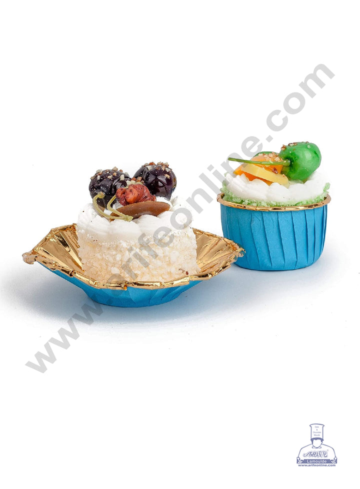 Cake Decor Golden Foil Coated Direct Bake-able Paper Muffin Cups - Blue (50 Pcs)