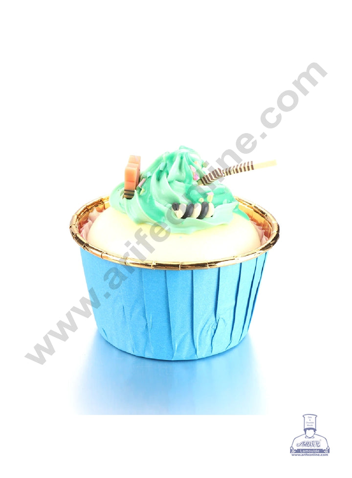 Cake Decor Golden Foil Coated Direct Bake-able Paper Muffin Cups - Blue (50 Pcs)