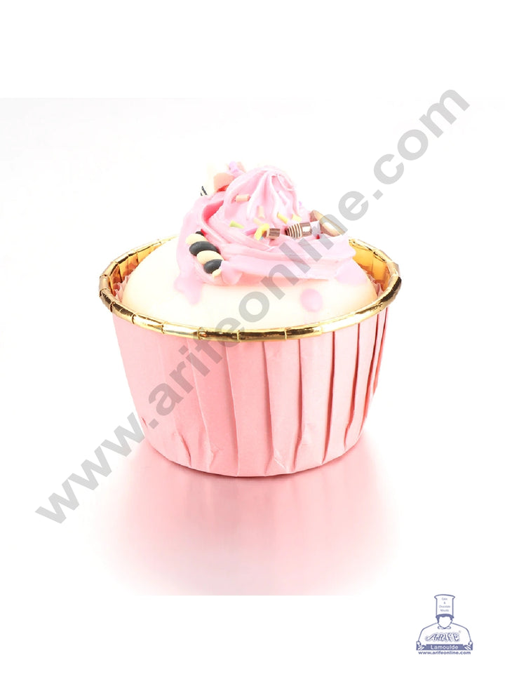 Cake Decor Golden Foil Coated Direct Bake-able Paper Muffin Cups - Light Pink (50 Pcs)