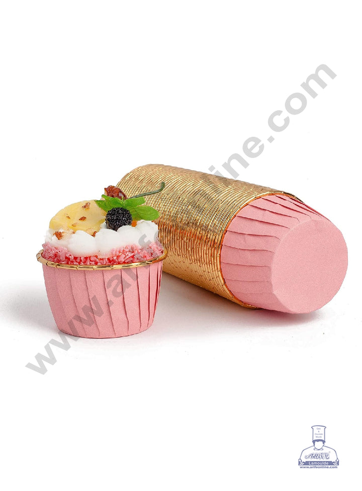 Cake Decor Golden Foil Coated Direct Bake-able Paper Muffin Cups - Light Pink (50 Pcs)