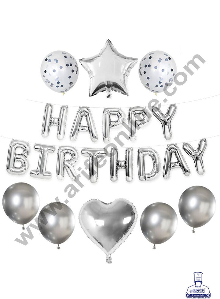Cake Decor HAPPY BIRTHDAY Foil Banners with Star Foil Balloons and Silver Confetti Balloons Set For Party Balloon Decoration (Pack of 21 pc )