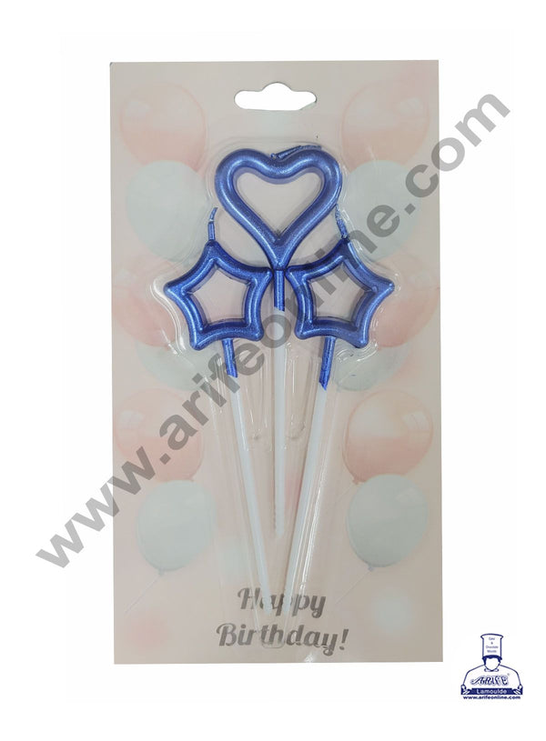 Cake Decor Hallow Star Heart Theme Candle for Party Decoration for Cake and Cupcake - Blue - Set of 3 Pc