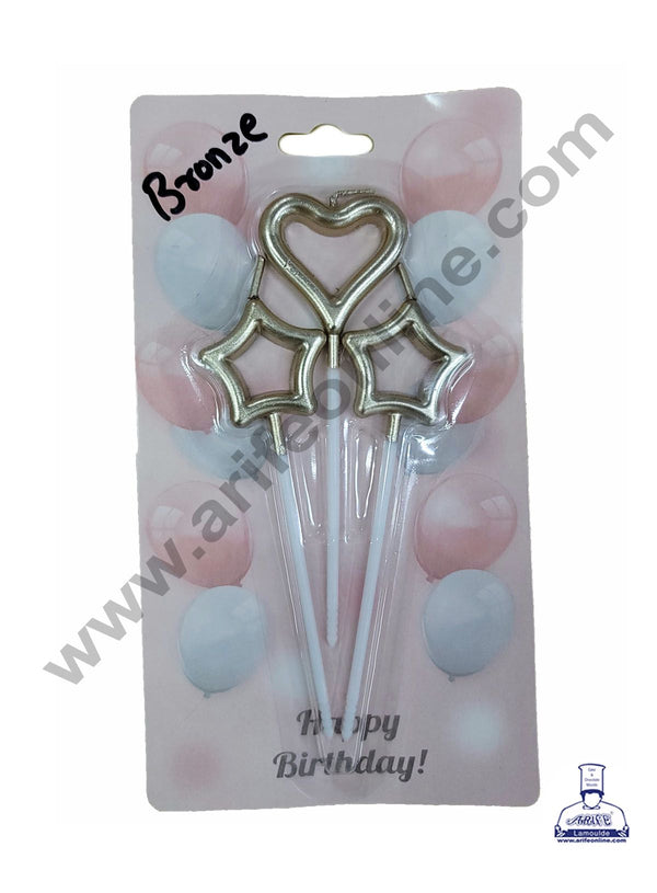 Cake Decor Hallow Star Heart Theme Candle for Party Decoration for Cake and Cupcake - Bronze - Set of 3 Pc