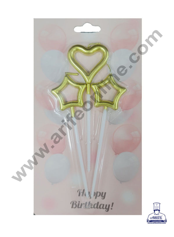 Cake Decor Hallow Star Heart Theme Candle for Party Decoration for Cake and Cupcake - Golden- Set of 3 Pc