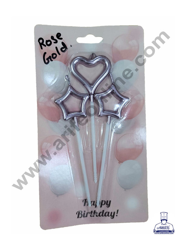 Cake Decor Hallow Star Heart Theme Candle for Party Decoration for Cake and Cupcake - Rose Gold- Set of 3 Pc