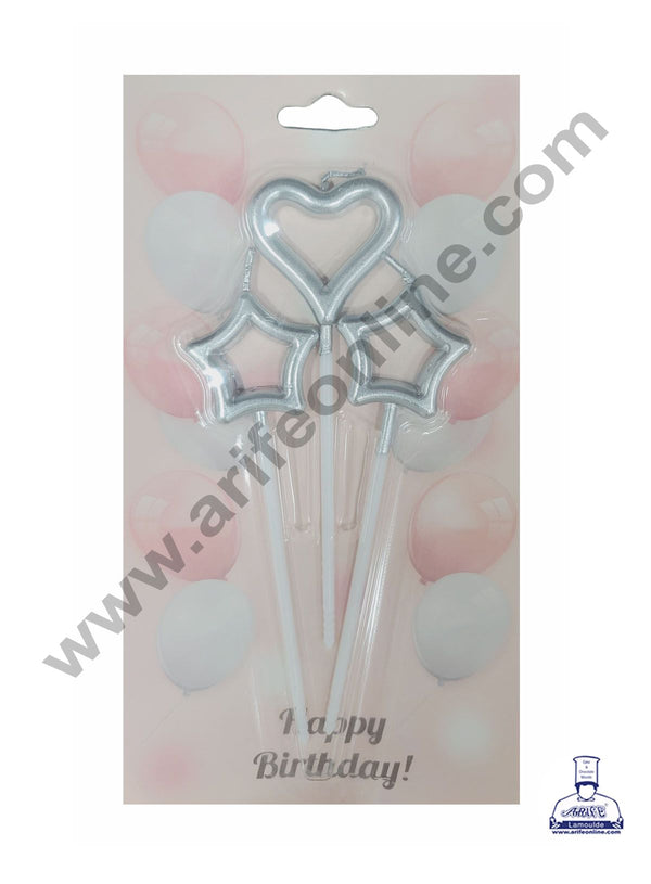 Cake Decor Hallow Star Heart Theme Candle for Party Decoration for Cake and Cupcake - Silver- Set of 3 Pc