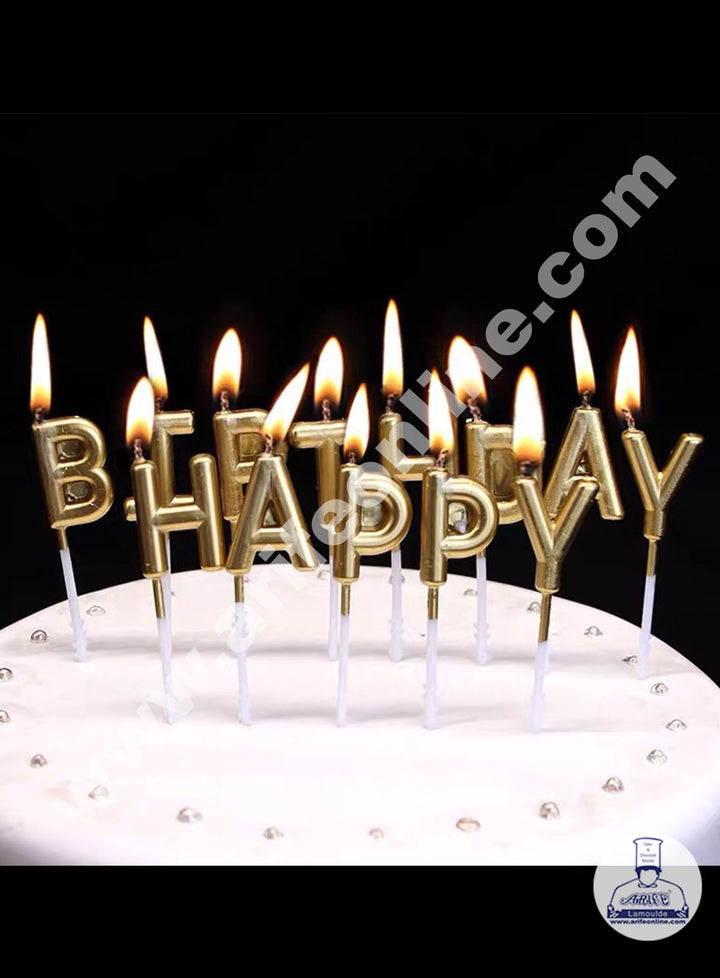 Cake Decor Happy Birthday Candle for Birthday Cake Decoration - Golden - Set of 13 Pc