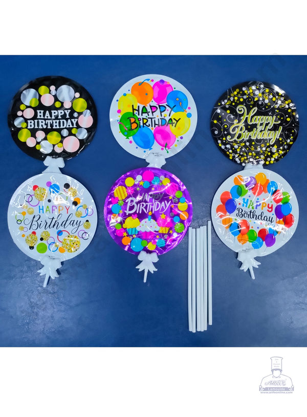 Cake Decor Happy Birthday Self Inflating Foil Balloons with Stick (Set of 6 pcs)