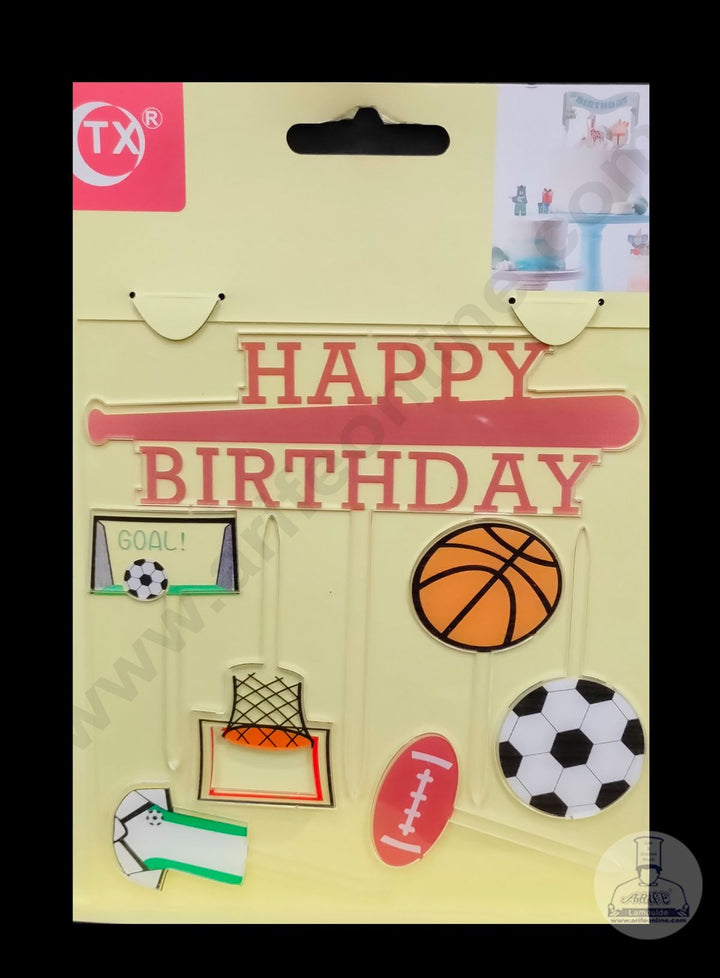 Cake Decor Imported Mirror Acrylic Cake and Cupcake Topper - 7 pcs Happy Birthday Football and Basketball Theme (SBMT-5043)