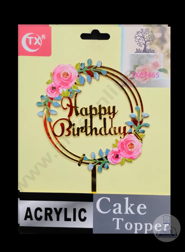 Cake Decor Imported Mirror Acrylic Cake Topper - Happy Birthday Round Floral (SBMT-5033)