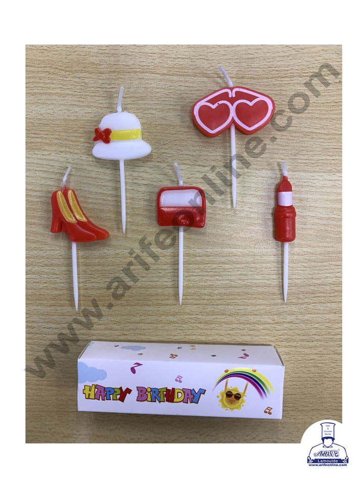 Cake Decor Lady Hat , Heart Sunglasses Theme Mini Candle for Birthday Party Decoration for Cake and Cupcake ( Set of 5 Pc )