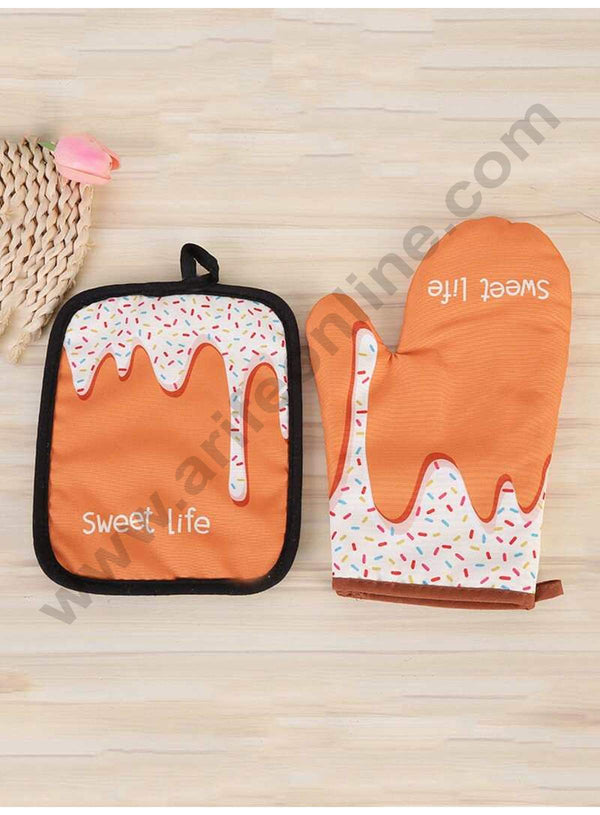 Cake Decor Letter Print Oven Glove 1pc & 1pc Pad (Multi Color)