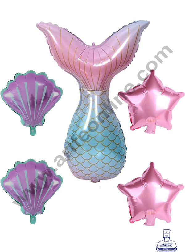 Cake Decor Mermaid Tail Foil with Star and Shell Foil Balloons Set For Party Balloon Decoration (Pack of 5 pc )
