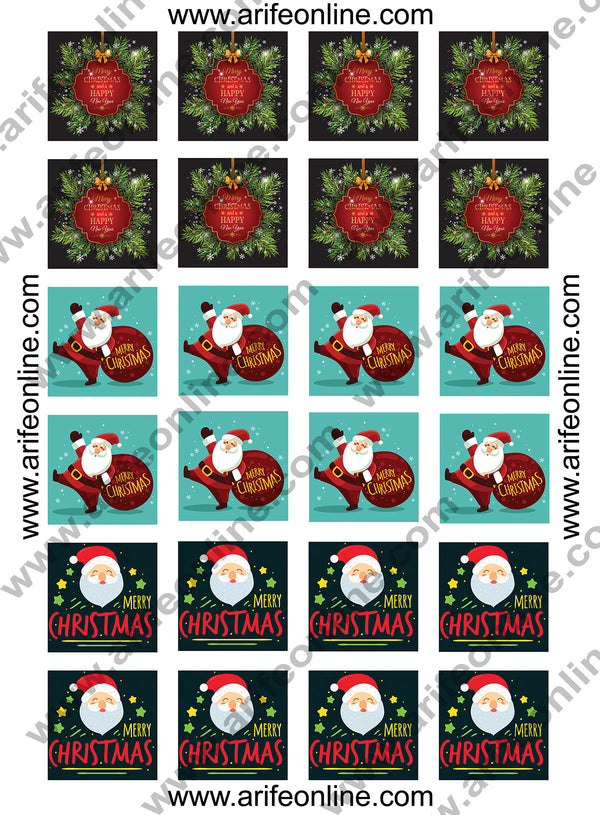Cake Decor Merry Christmas Happy New Year Square Stickers 24 pc (A4 Size Sheet)