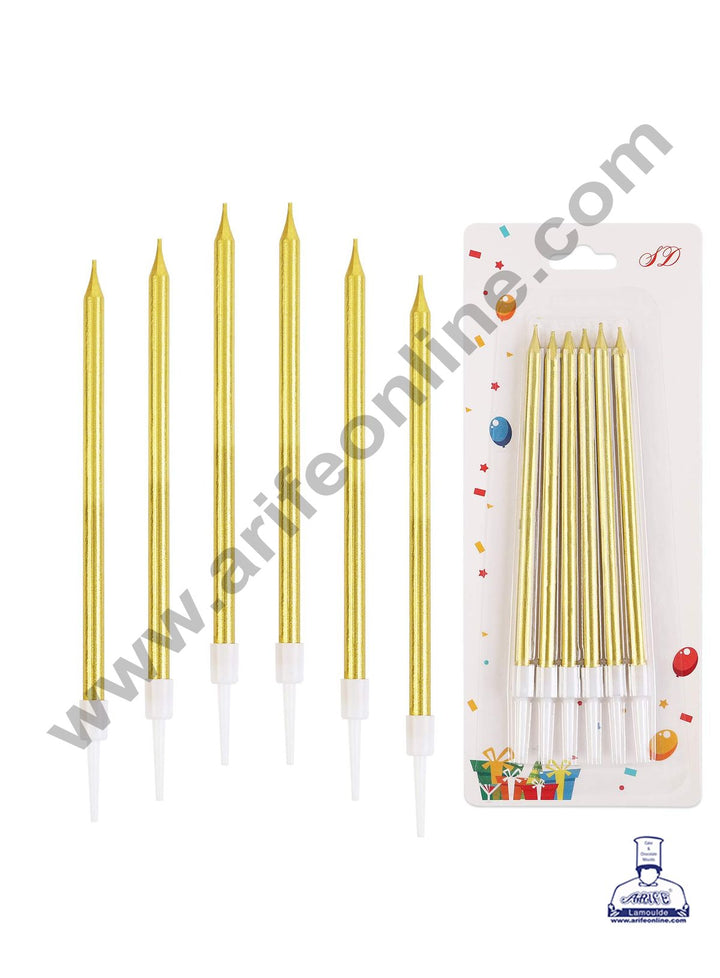 Cake Decor Metallic Long Thin Cake Candle in Holder for Party Decoration for Cake and Cupcake - Golden- Set of 6 Pc