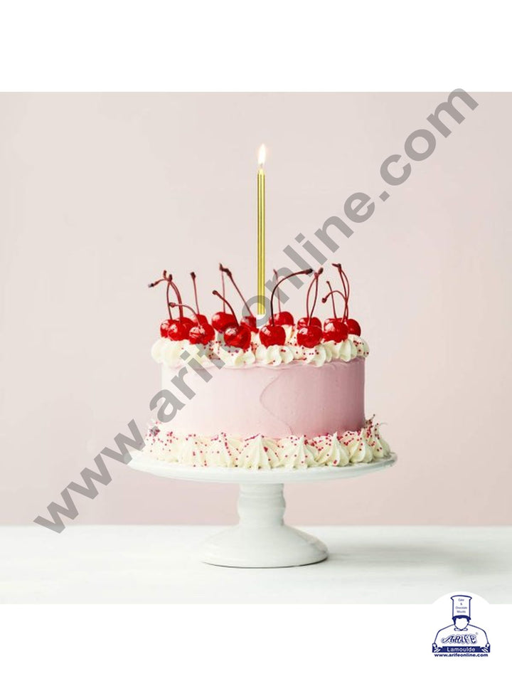Cake Decor Metallic Long Thin Cake Candle in Holder for Party Decoration for Cake and Cupcake - Golden- Set of 6 Pc