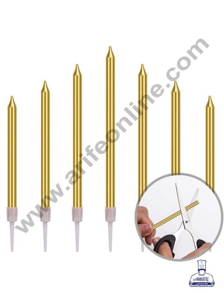 Cake Decor Metallic Long Thin Cake Candle in Holder for Party Decoration for Cake and Cupcake - Golden- Set of 6 Pc