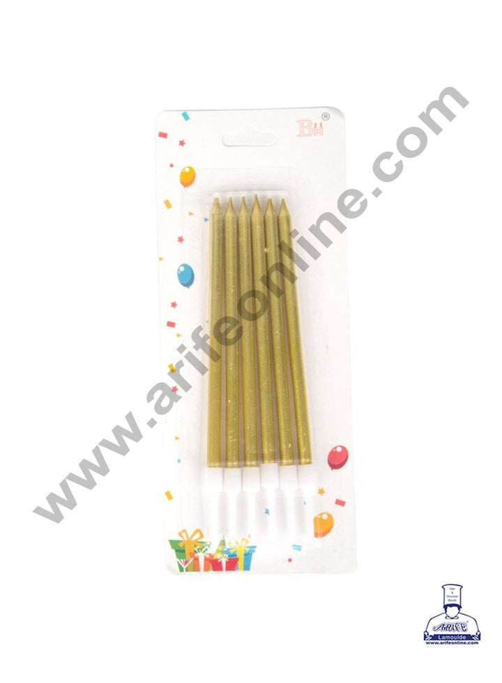 Cake Decor Metallic Long Thin Cake Candle in Holder for Party Decoration for Cake and Cupcake - Golden- Set of 6 Pc