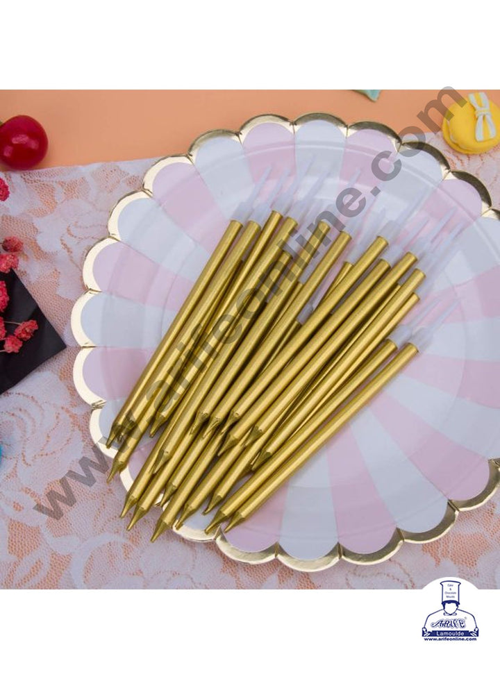 Cake Decor Metallic Long Thin Cake Candle in Holder for Party Decoration for Cake and Cupcake - Golden- Set of 6 Pc