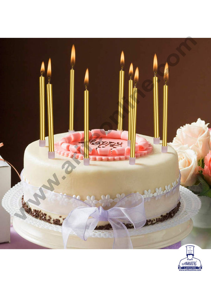 Cake Decor Metallic Long Thin Cake Candle in Holder for Party Decoration for Cake and Cupcake - Golden- Set of 6 Pc