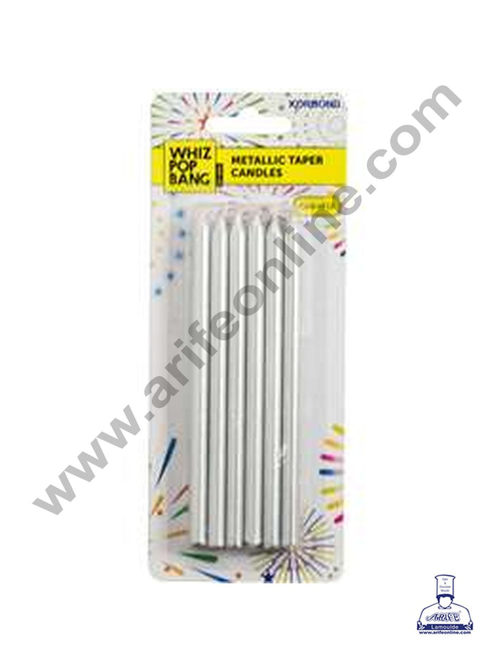 Cake Decor Metallic Long Thin Cake Candle in Holder for Party Decoration for Cake and Cupcake - Silver- Set of 6 Pc