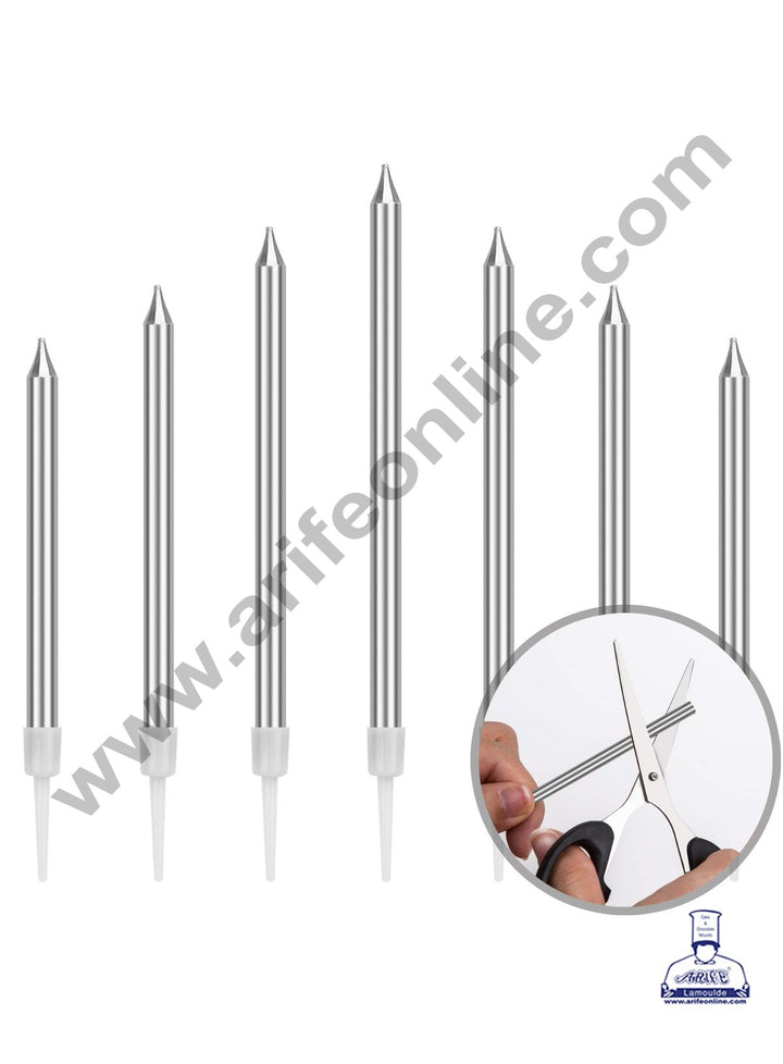 Cake Decor Metallic Long Thin Cake Candle in Holder for Party Decoration for Cake and Cupcake - Silver- Set of 6 Pc